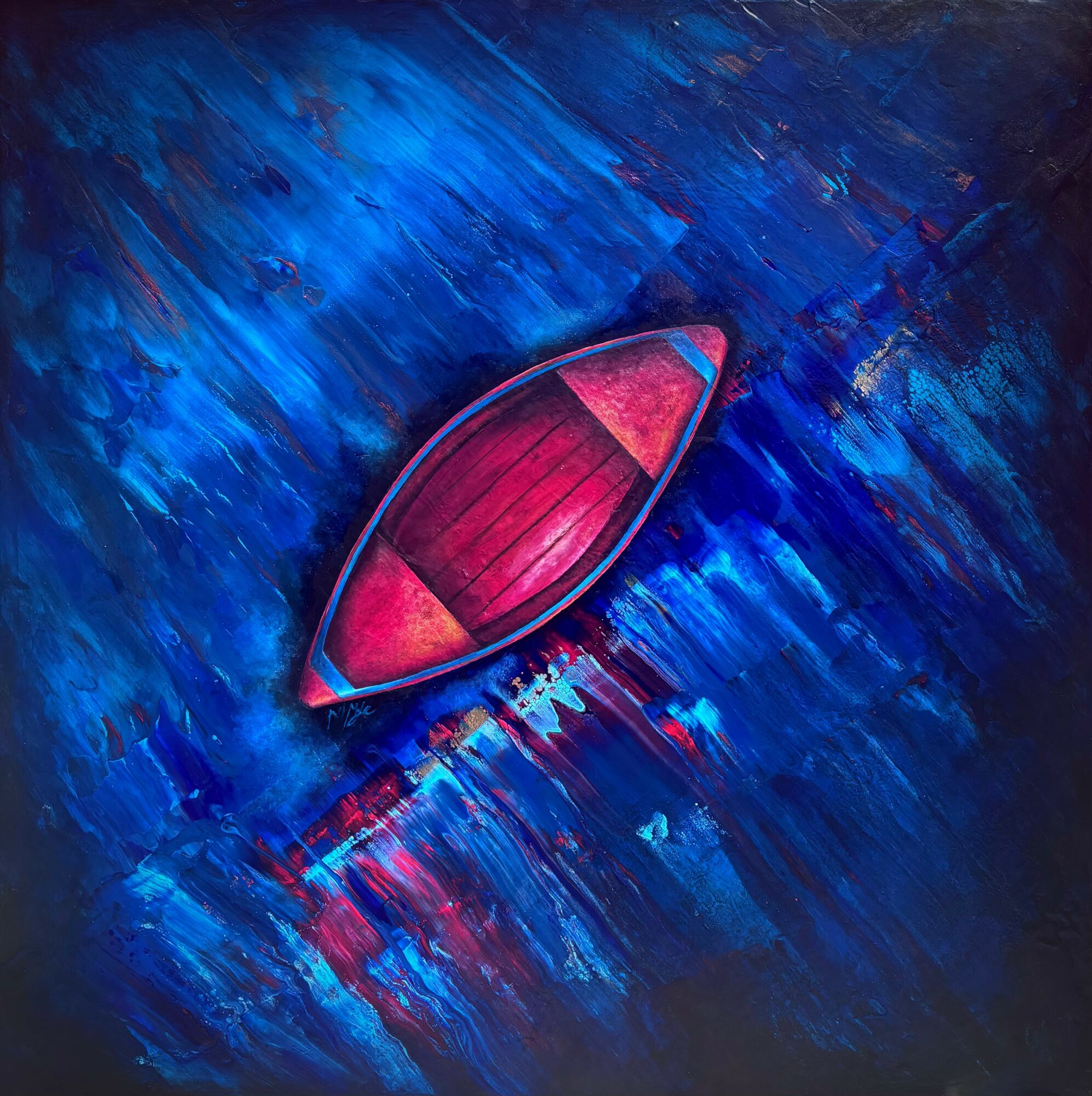 A red boat floats on a blue water surface with reflections and textured brushstrokes.
