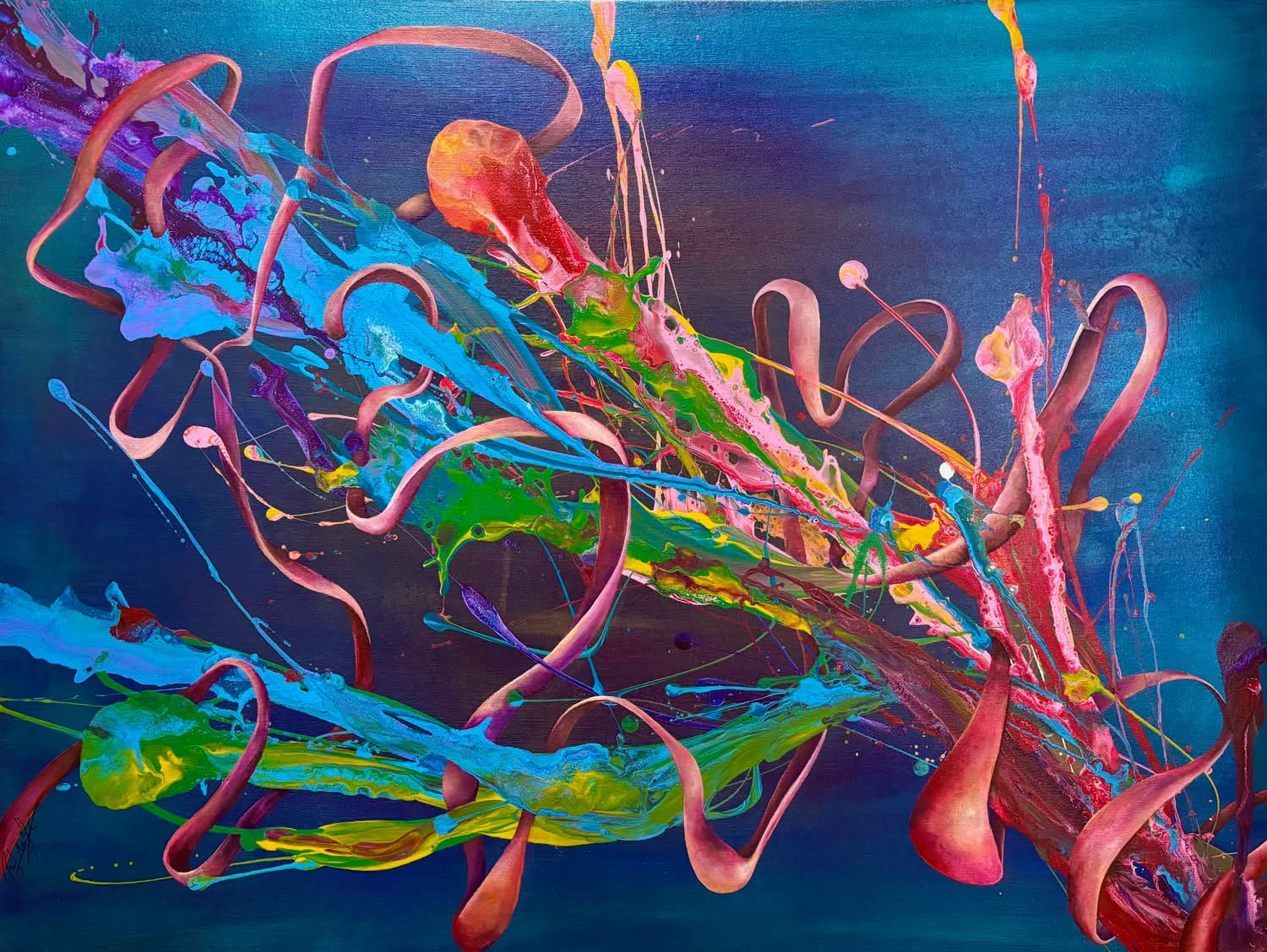 Abstract colorful shapes and lines against a blue background, resembling a dynamic, flowing composition.