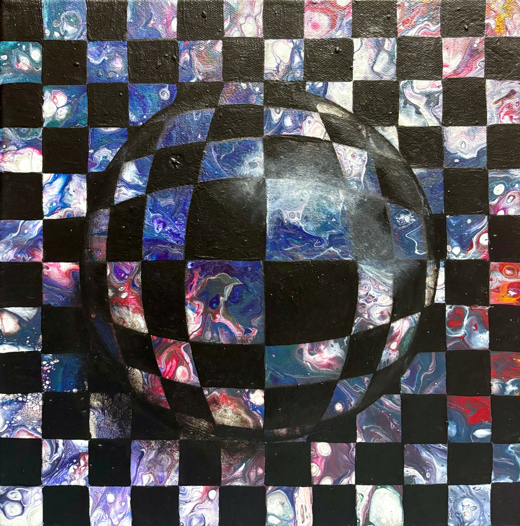Abstract geometric artwork with a central circle and a checkered background of colorful marbled squares.