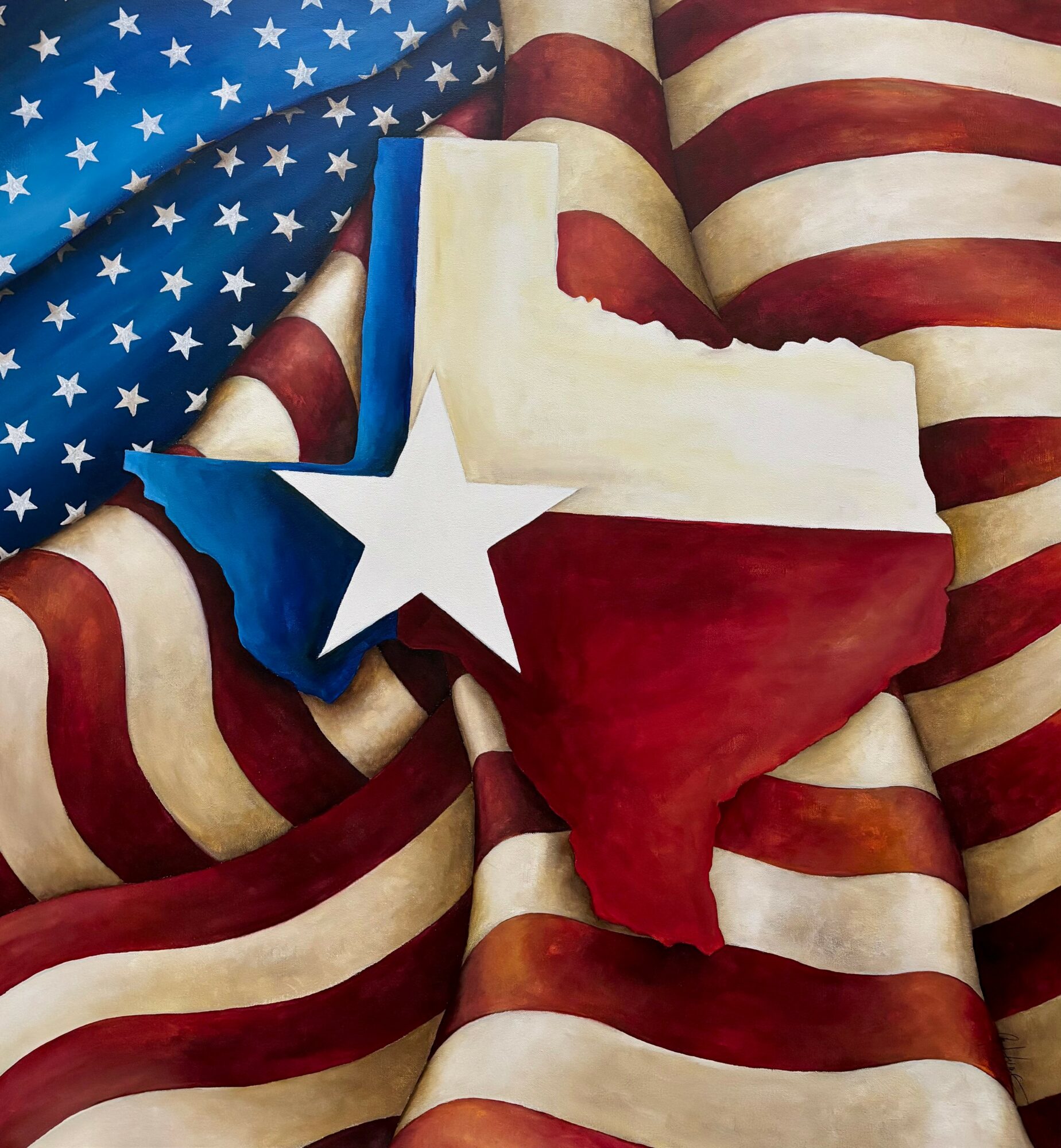 American flag with a star-shaped cutout of the state of Texas, showing the flag's colors and pattern.
