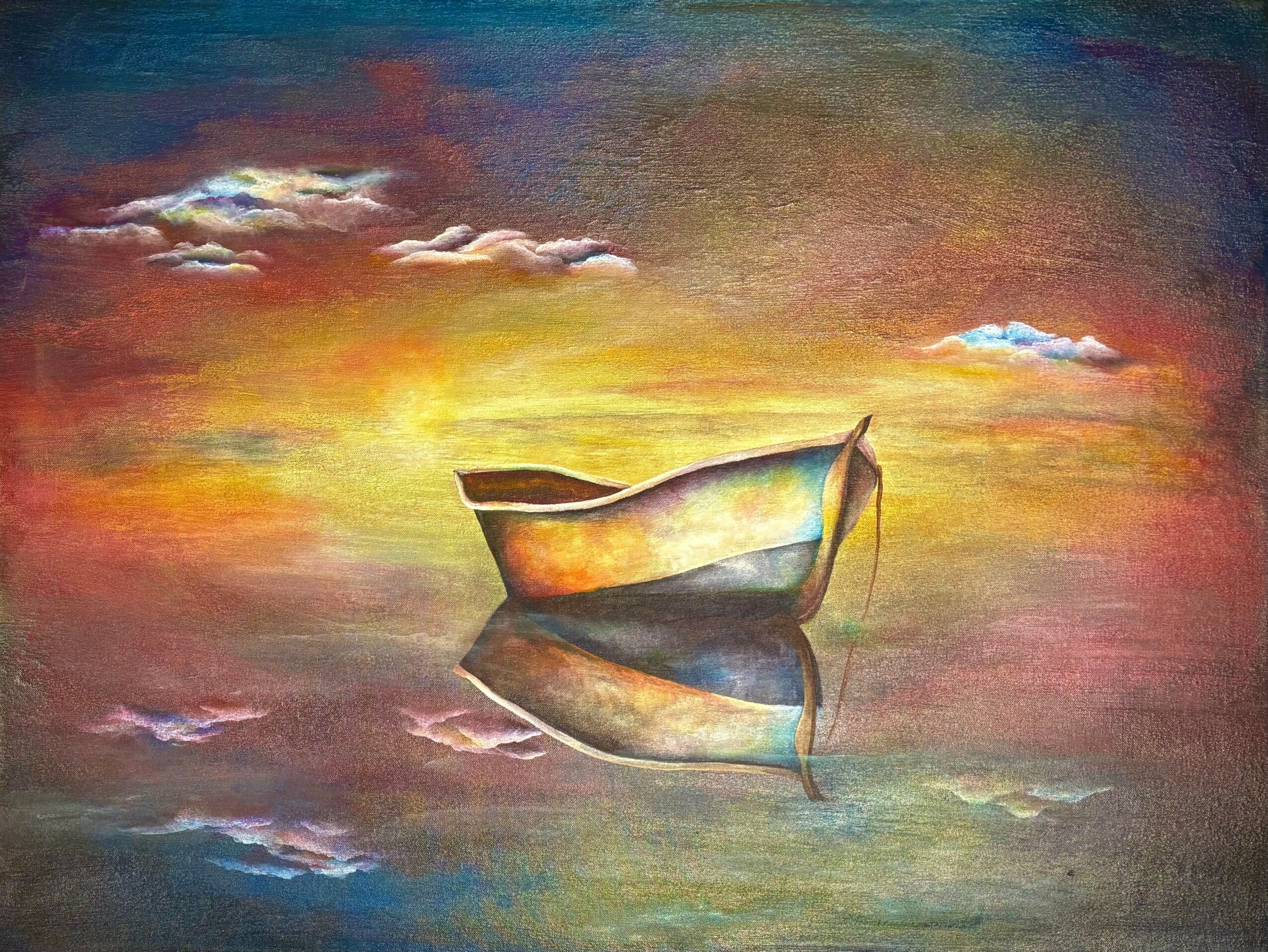 A boat floating on calm water during sunset with colorful sky and clouds, reflected in the water.