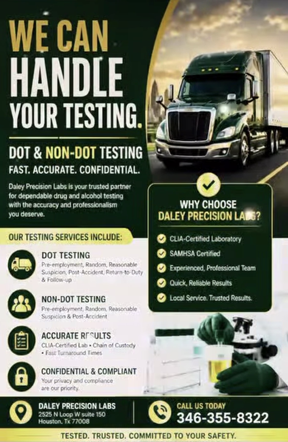 Poster advertising testing services with a truck, testing equipment, and contact information, featuring green and yellow colors.
