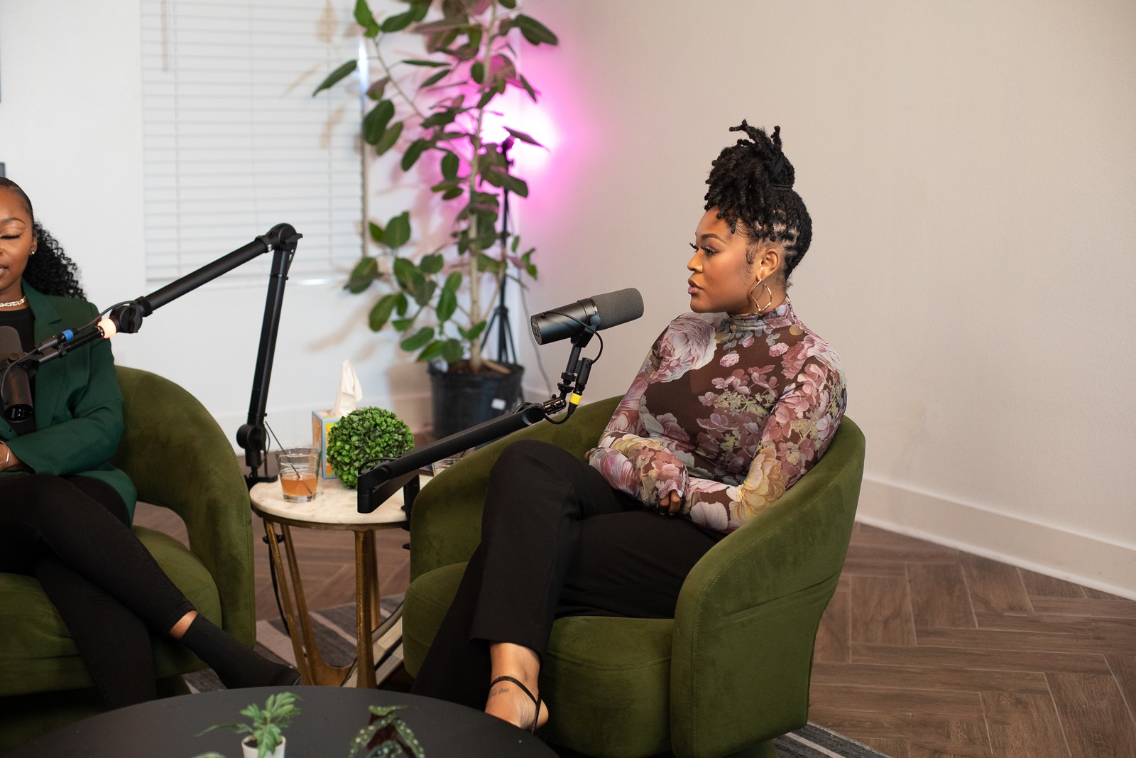 Two women sit in green armchairs in a room with a wooden floor, a small table, and a plant, engaged in conversation.