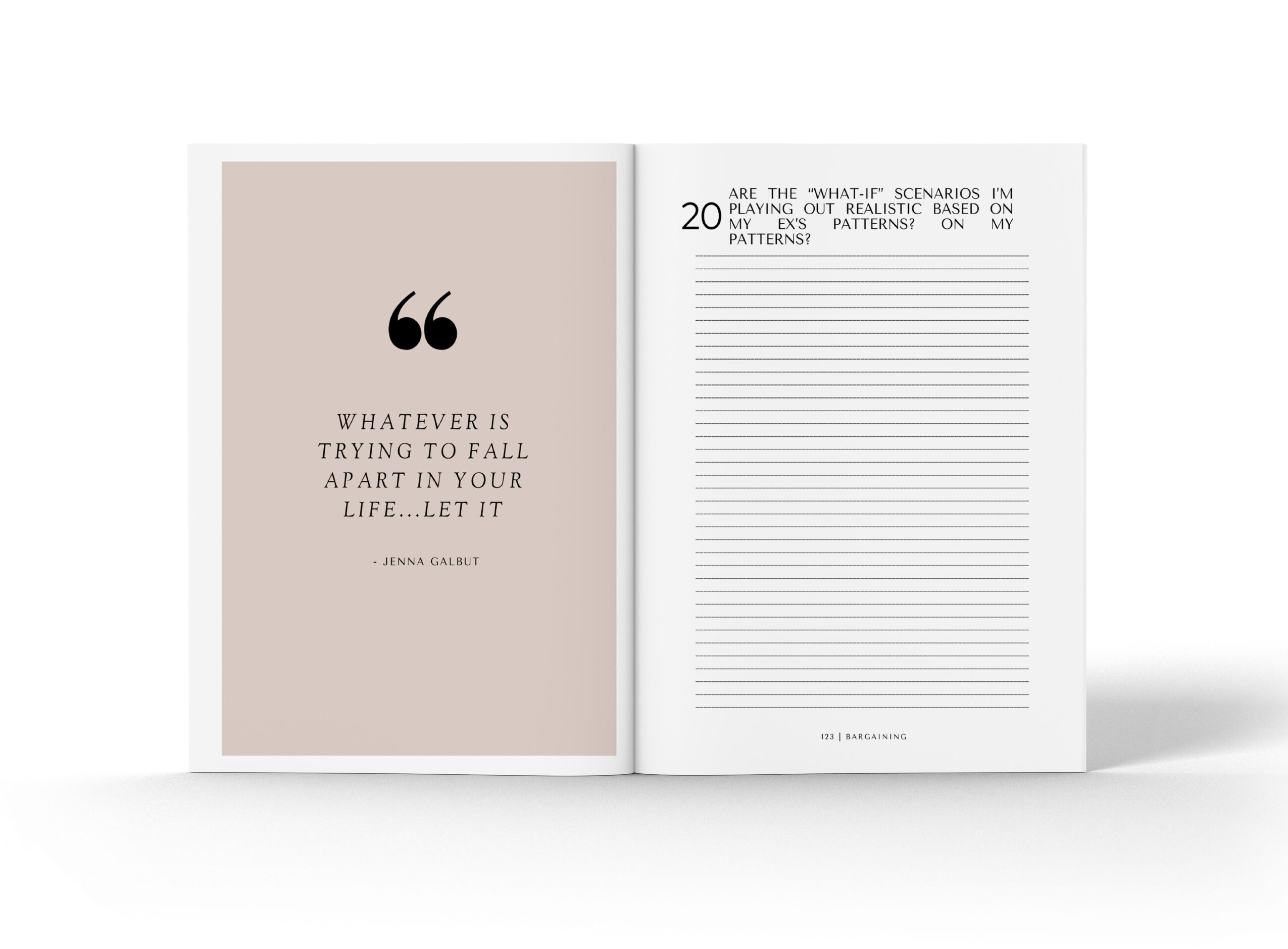 Open book showing quote on left page and lined page on right, with a white background.