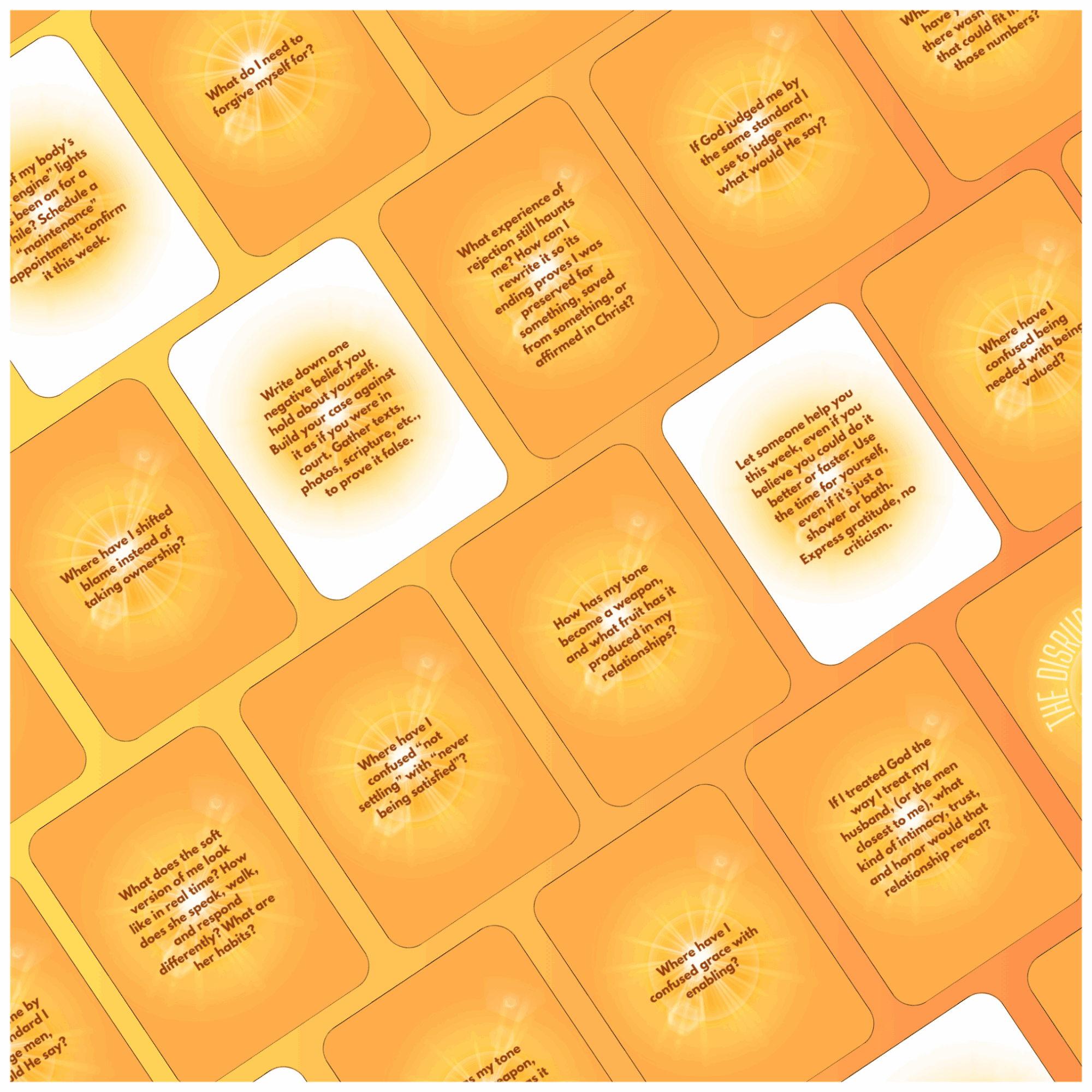 Multiple orange and white cards with text, arranged in a grid pattern, tilted diagonally. The cards have rounded corners.
