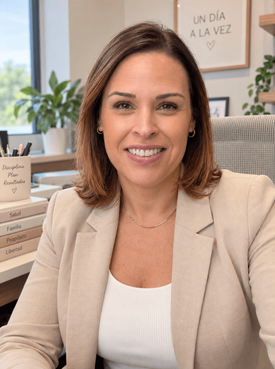 Smiling woman with shoulder-length brown hair in an office, wearing a beige blazer and white top, with plants and framed art in background.