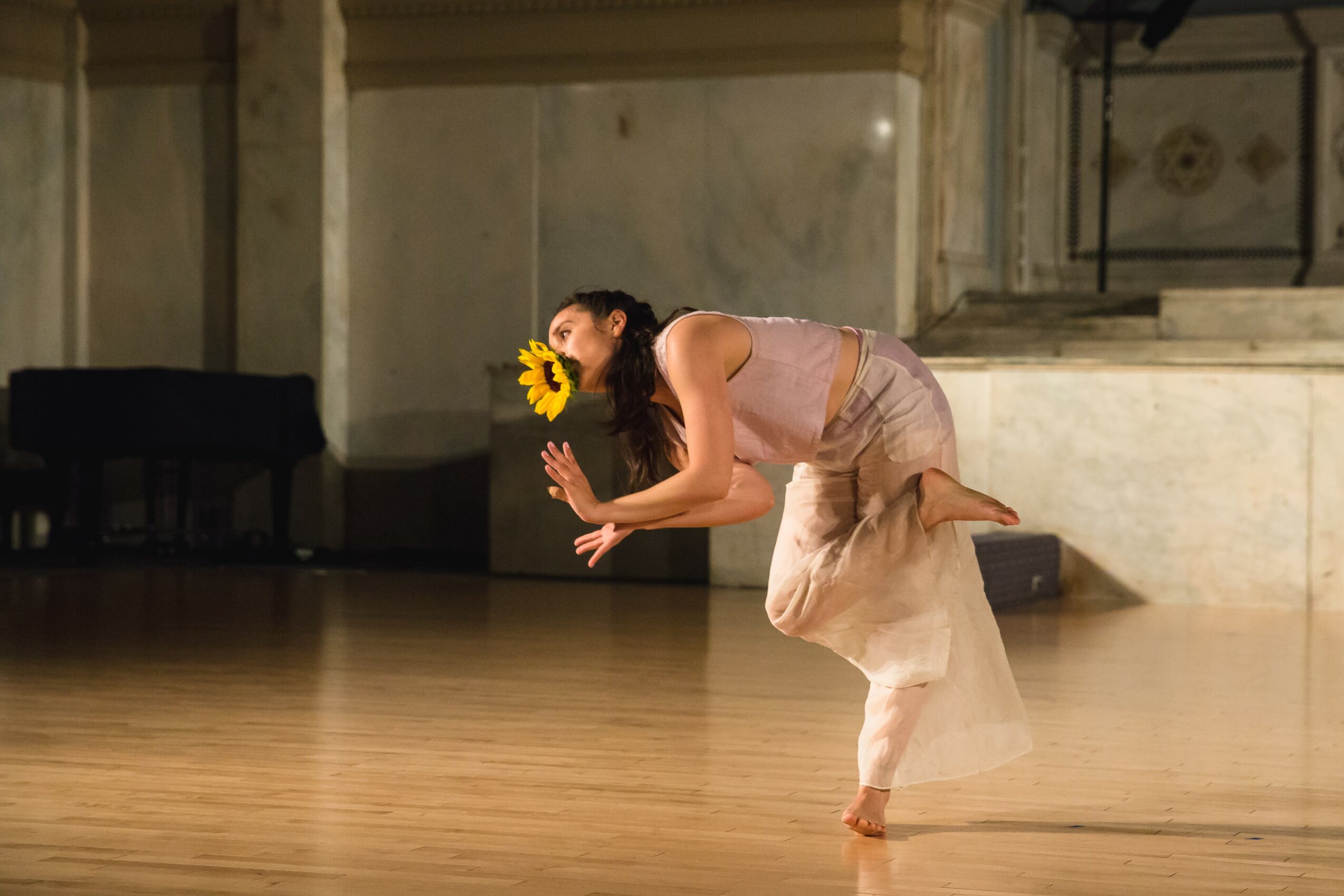 A woman with a sunflower in her mouth dances on a wooden floor in a spacious room.