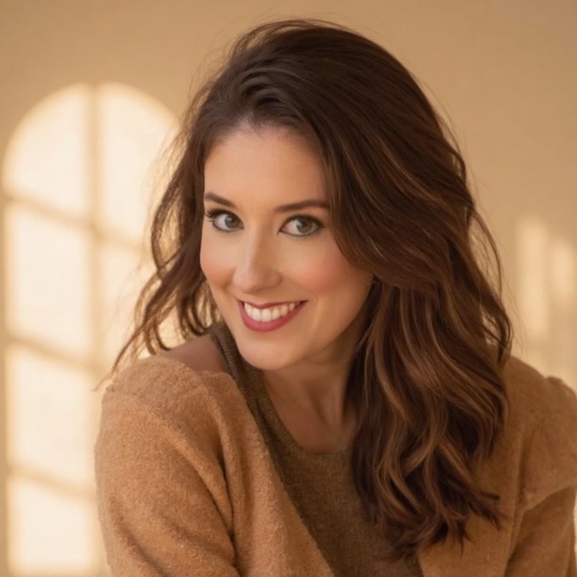 Smiling woman with wavy brown hair in a warm-toned room with a window in the background.