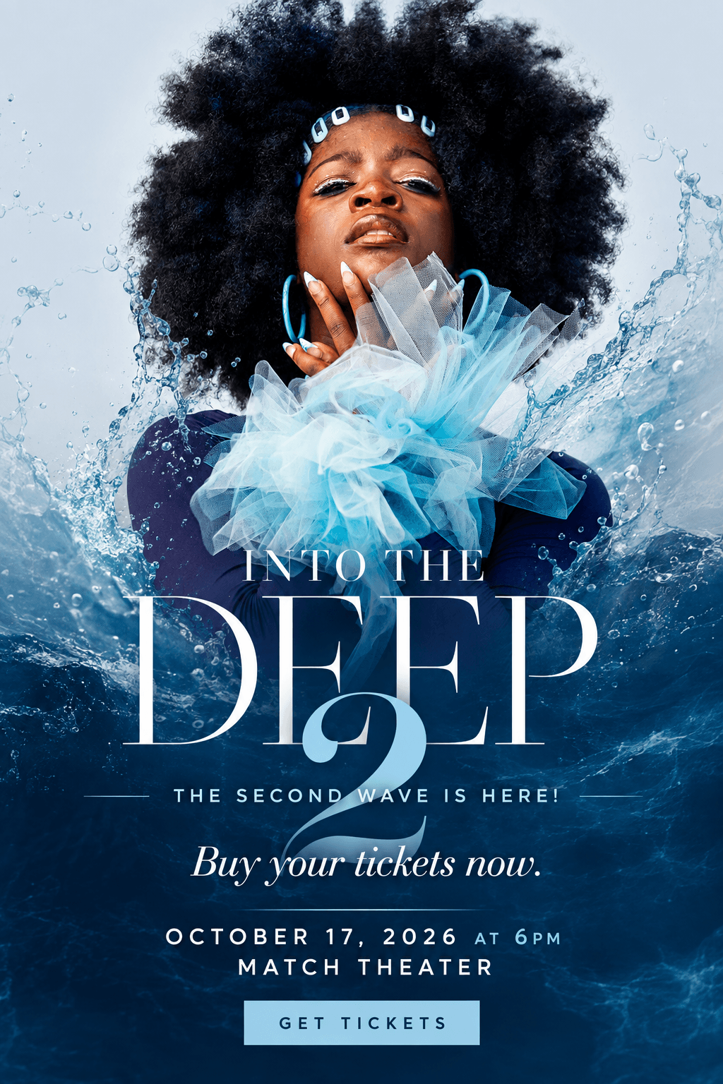 Woman with large curly hair and blue accessories, holding a glass, surrounded by water splashes, promoting a theatrical event.