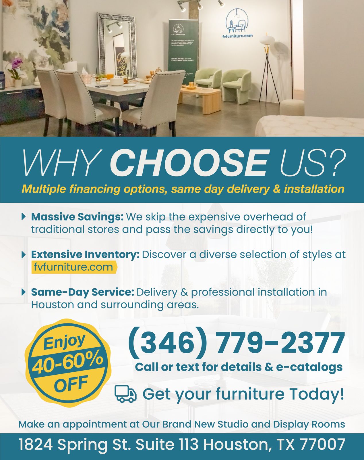 Promotional flyer for furniture store with text about savings, inventory, delivery, and contact information, featuring a blue and white design.