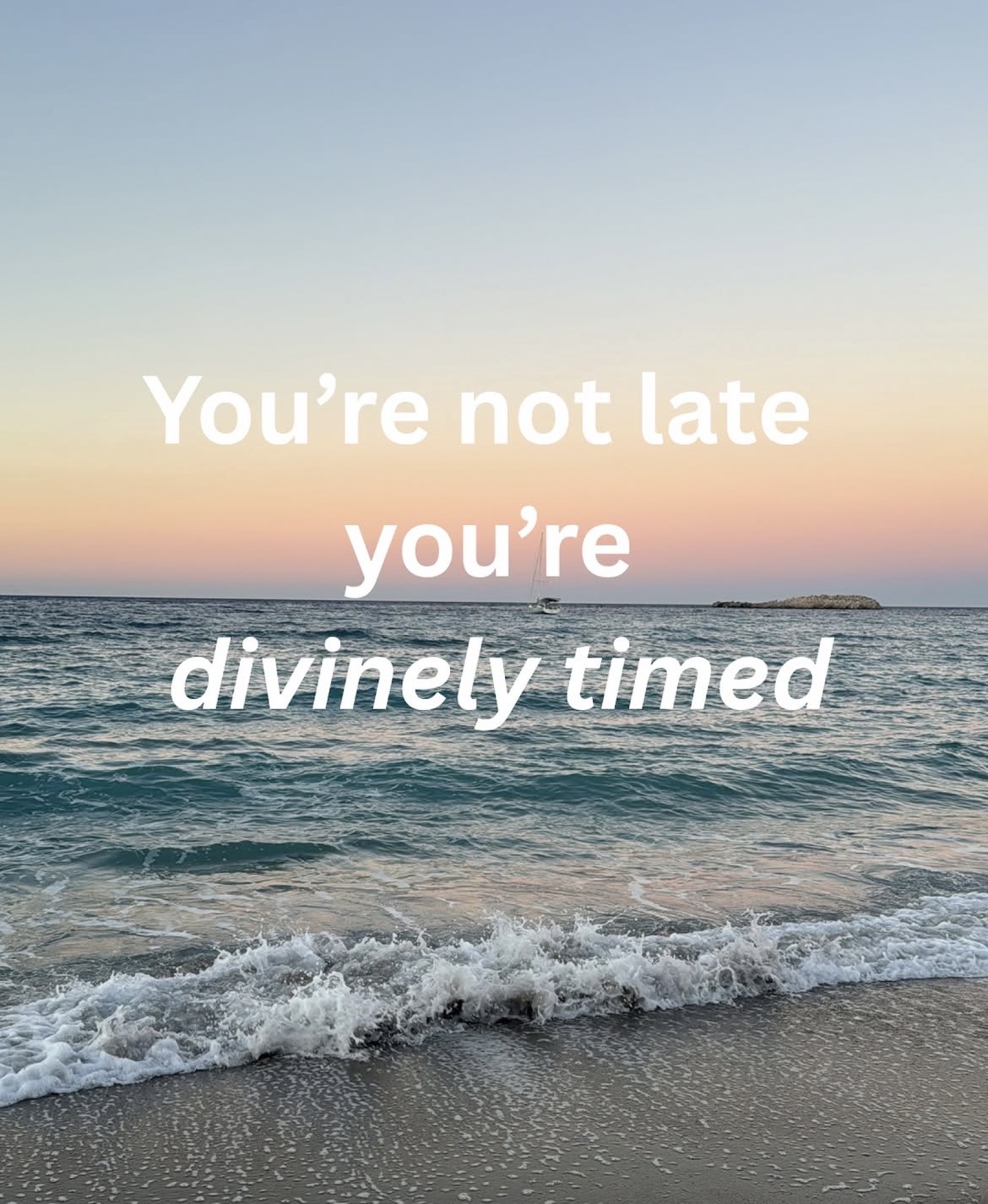 Beach scene with ocean waves and a sunset sky, overlaid with text:
