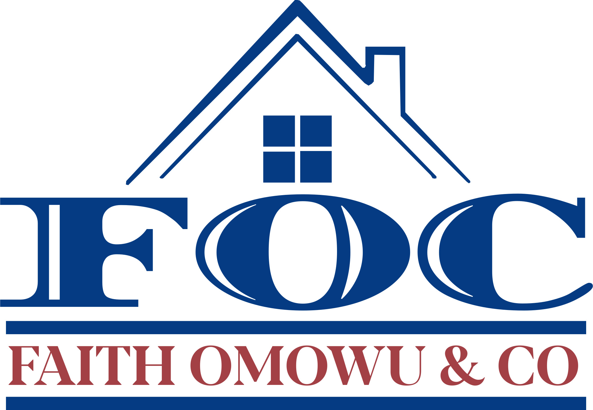 Logo with a house outline, the text 'IFOC' and 'FAITH OMOWU & CO' beneath, in blue and red colors.