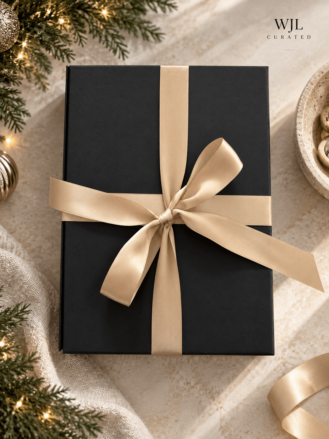 Black gift box wrapped with a beige ribbon tied in a bow, decorated with Christmas ornaments and greenery.