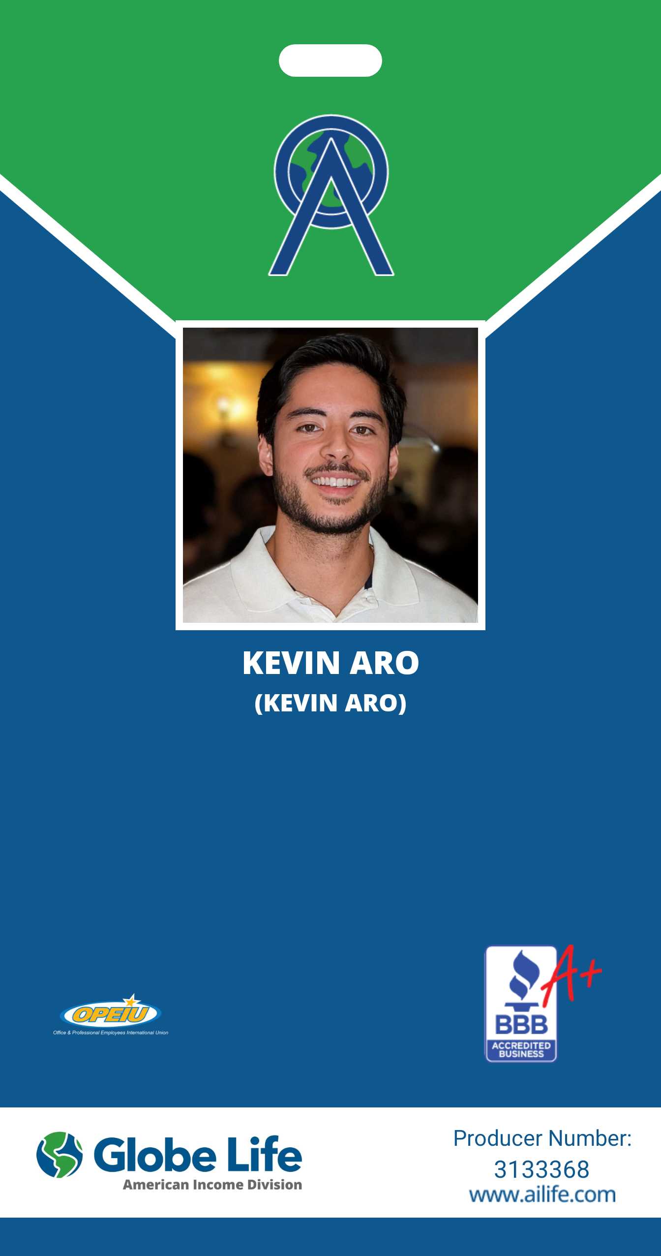 ID badge with a photo of a smiling man, name Kevin Aro, green and blue background, logos, and text.