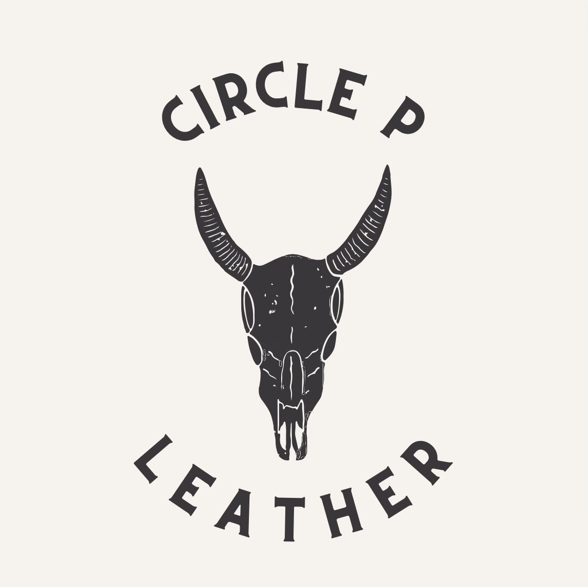 A black and white illustration of a skull with horns, with the words 'CIRCLE P' above and 'LEATHER' below.