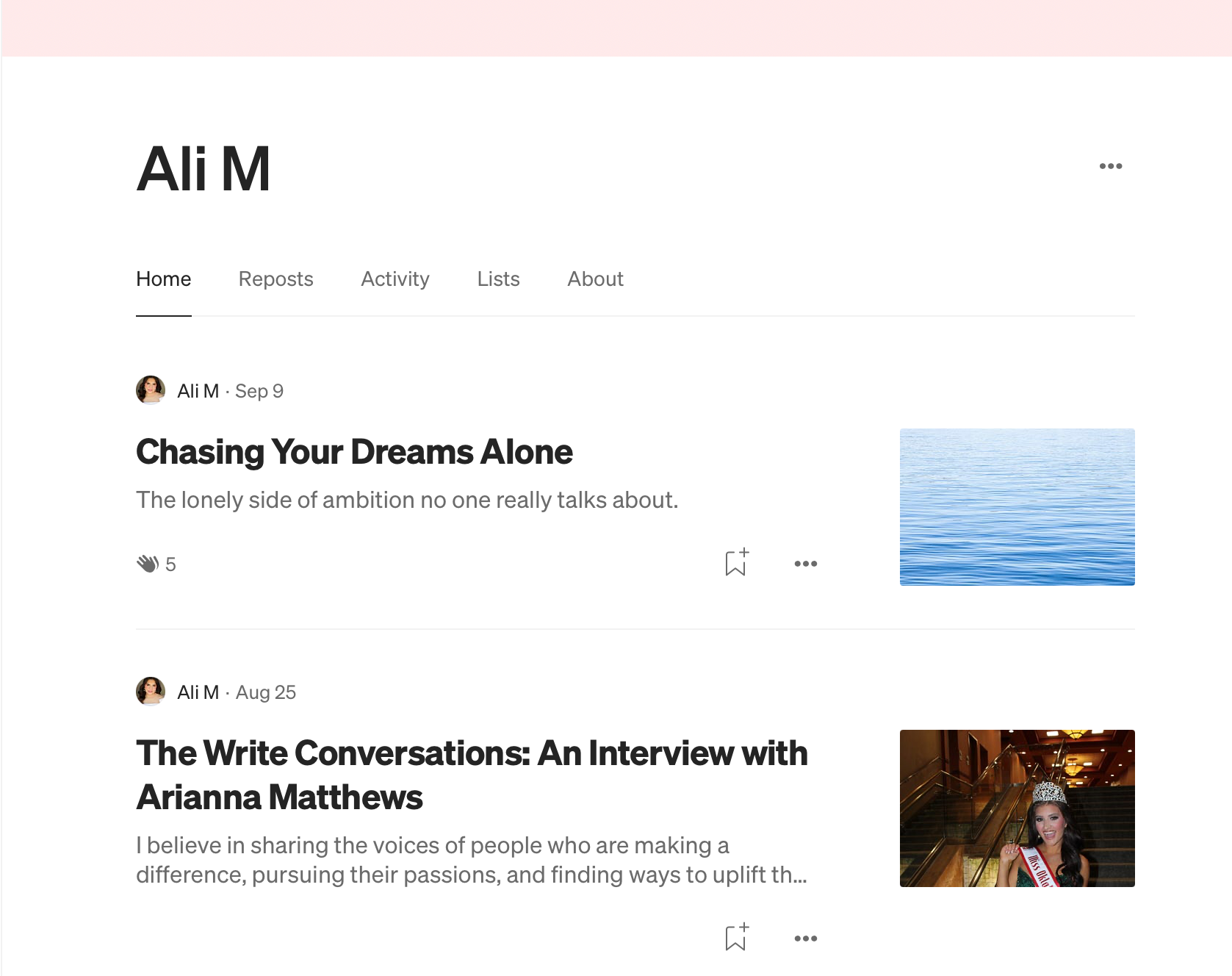 Screenshot of a social media profile page with posts about dreams and conversations, featuring text and images.