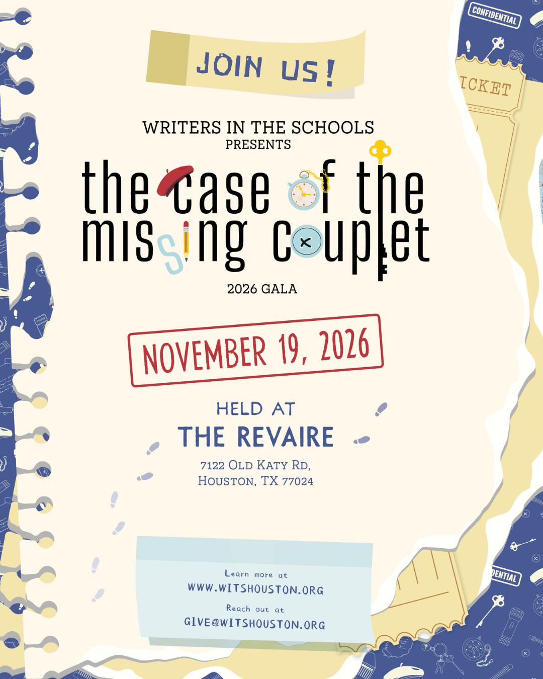 Event invitation for writers in schools, titled 'The Case of the Missing Cuplet,' scheduled for November 19, 2026, at The Revaire, Houston.