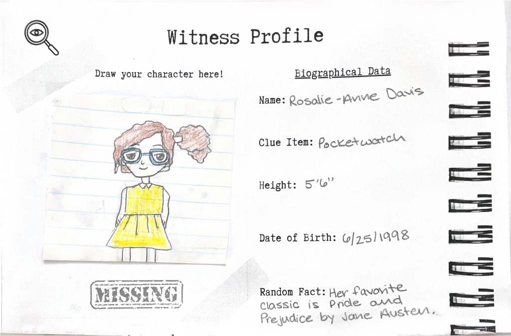 Hand-drawn character of a girl with glasses, wearing a yellow dress, on a profile sheet with personal details.