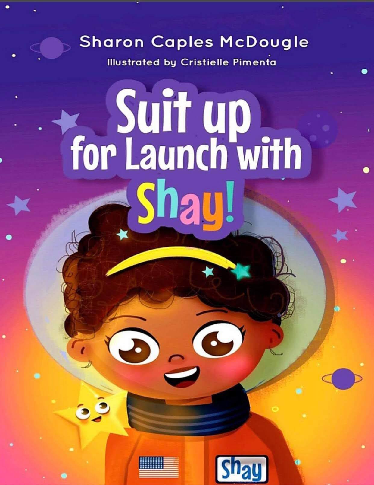 Book cover with a smiling child wearing a space helmet, colorful background, stars, planets, and a yellow star character.