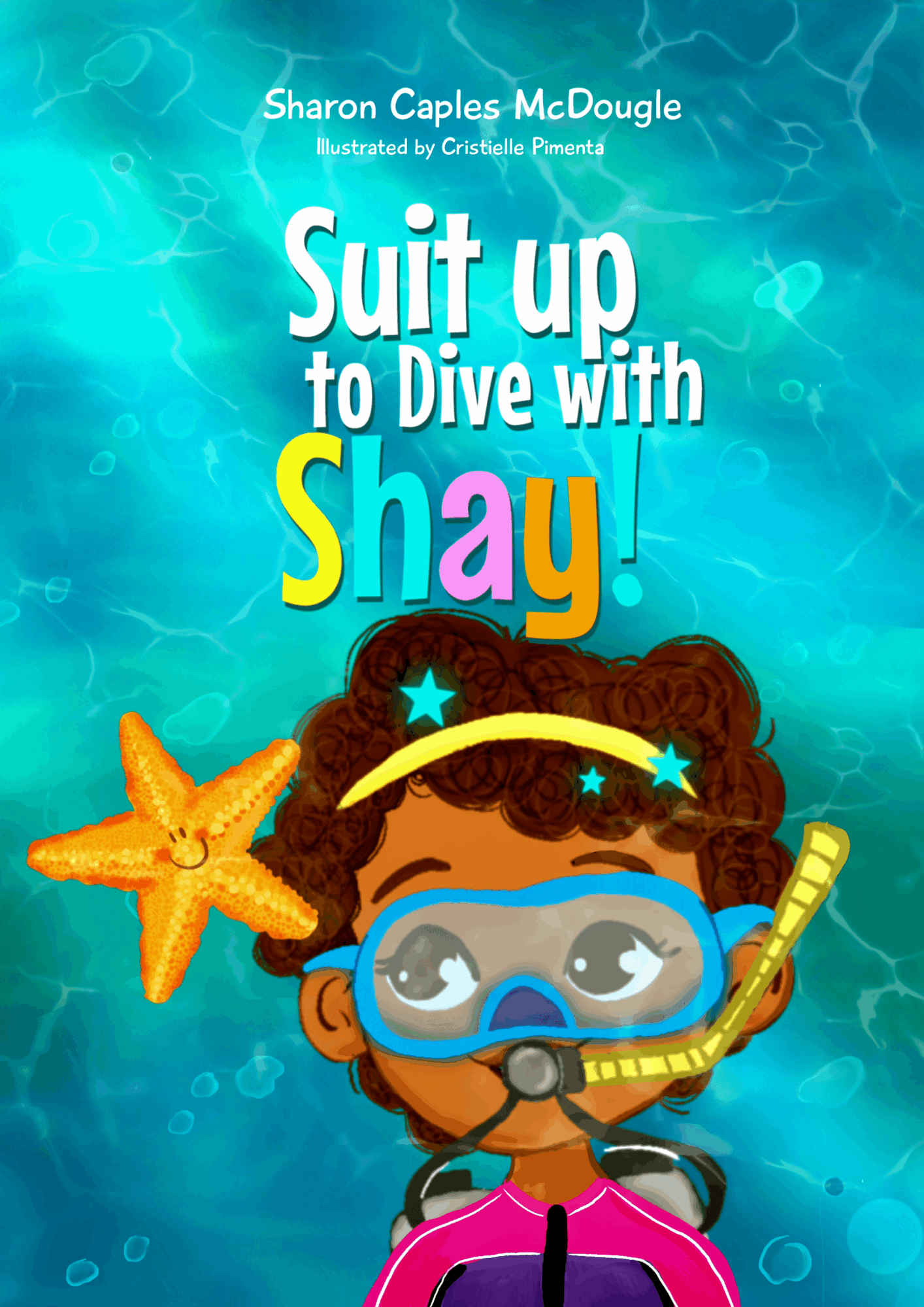 Child with snorkeling gear underwater, holding a starfish, smiling, with text about diving and Shay.