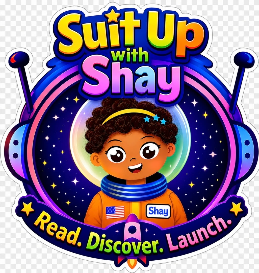 Colorful logo with a cartoon child in an astronaut suit, stars, and planets, promoting reading, discovery, and launching.
