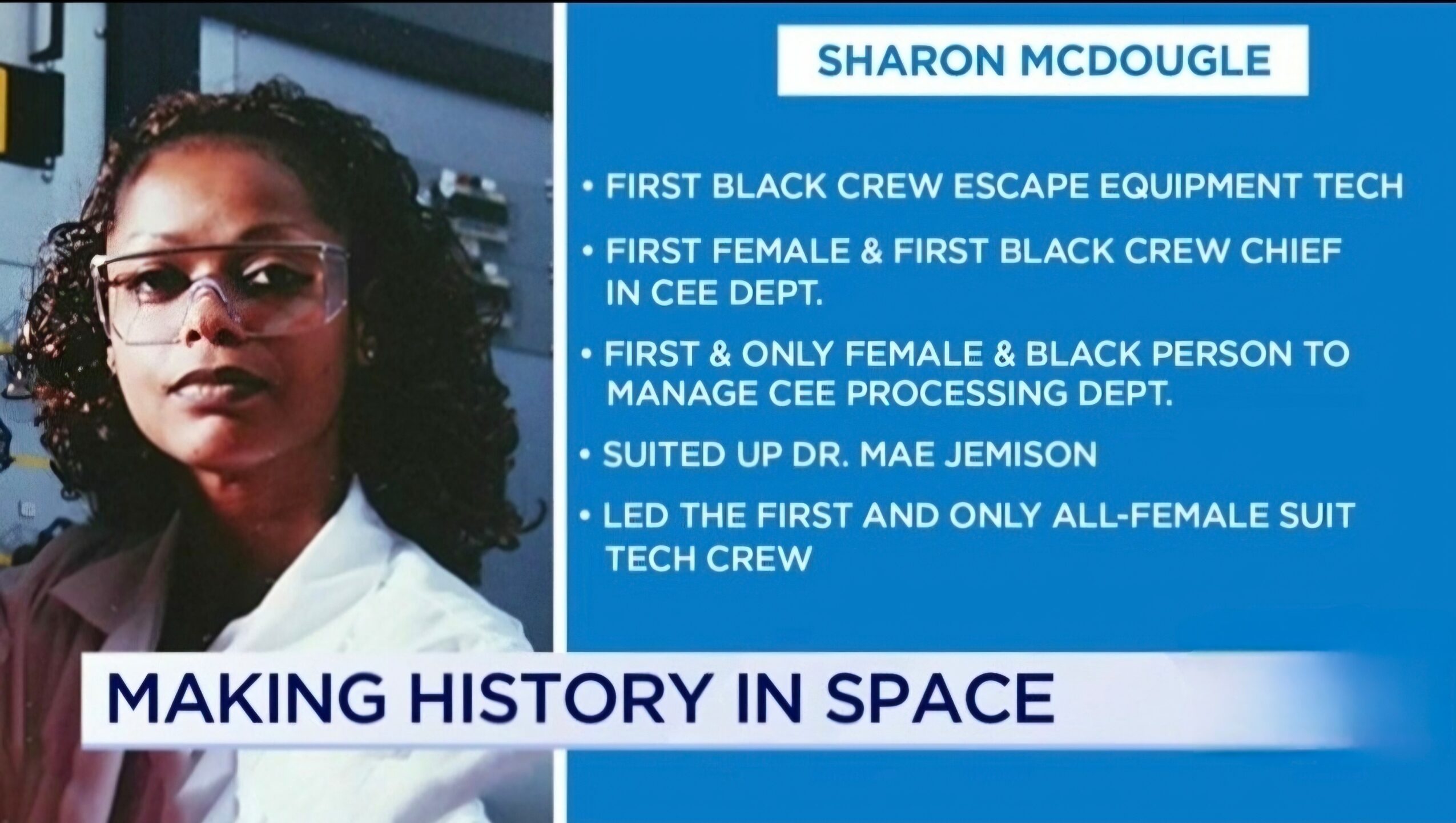Woman in white lab coat and glasses, with text about Sharon McDougle's achievements in space tech, on a blue background.