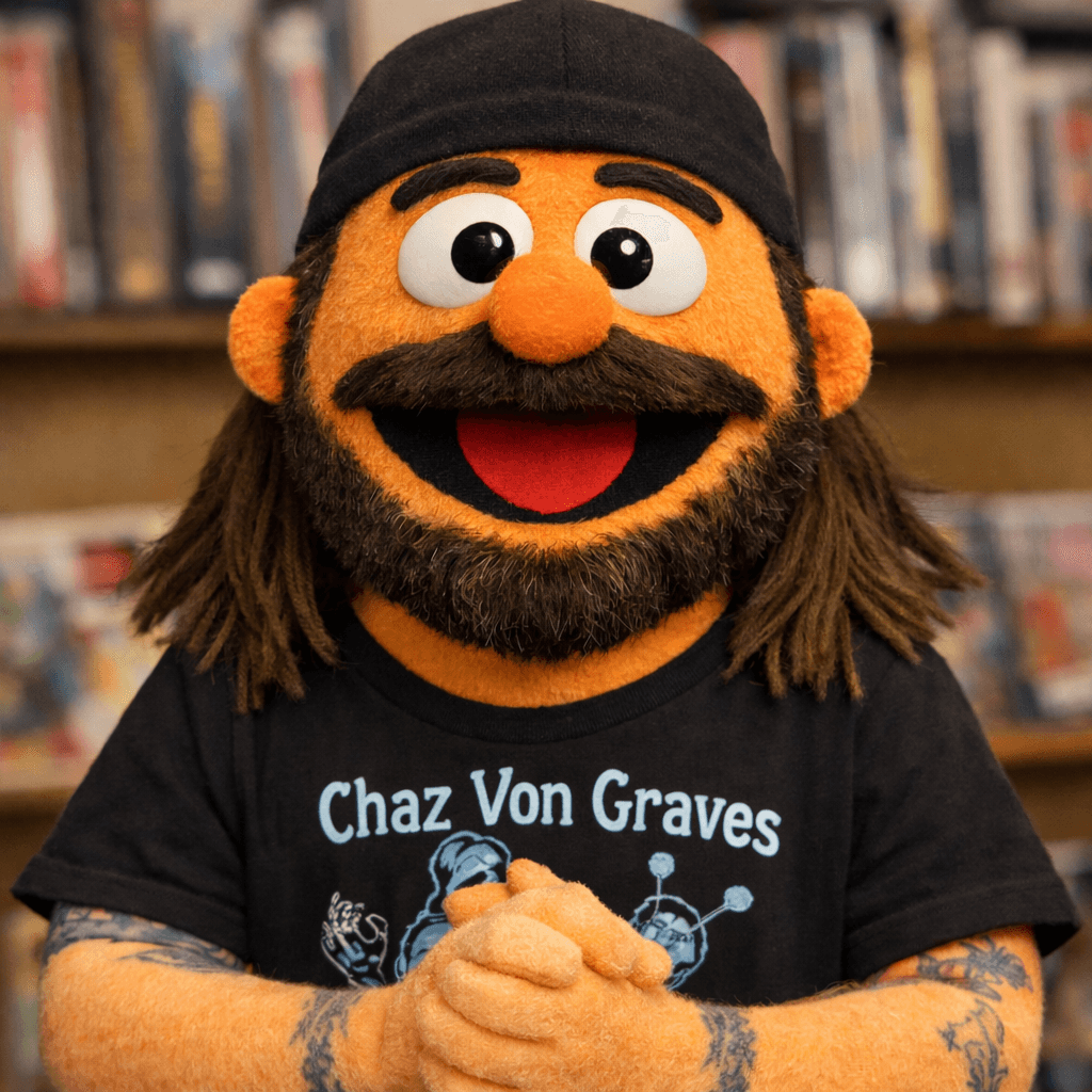 Puppet with a beard, black hat, and long hair, wearing a black T-shirt with text, in a library setting.