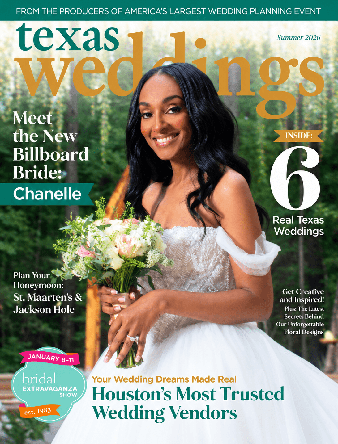 Smiling woman in wedding dress holding a bouquet of flowers outdoors, with greenery in the background.