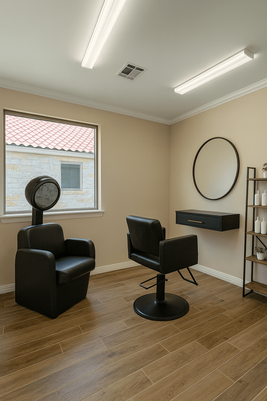 Empty room with a window, two black chairs, a round mirror, and a shelf with bottles, wooden floor, ceiling lights.