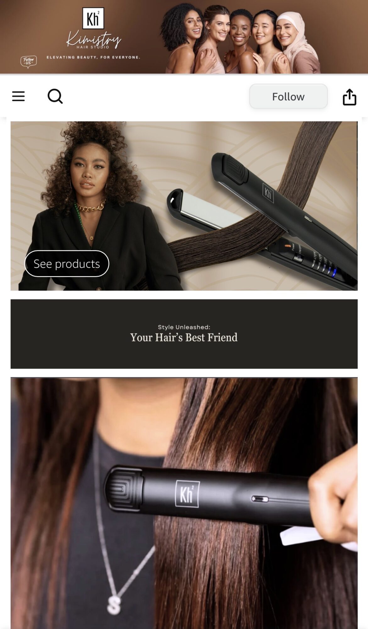 Woman with curly hair sitting near a hair straightener, with a close-up of straightened hair and a flat iron.