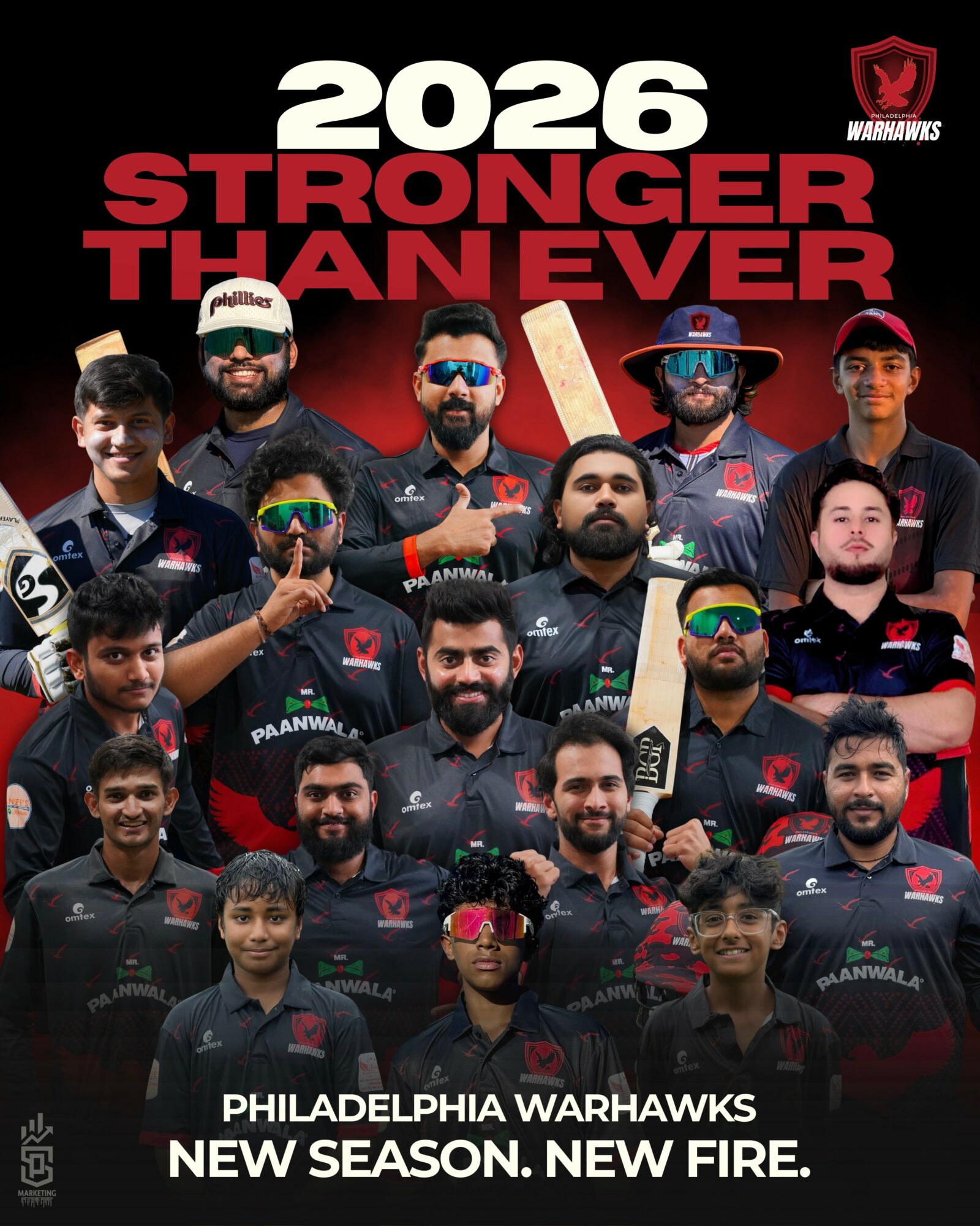 Group of cricket players in team uniforms, some wearing sunglasses, with text about 2026 Philadelphia Warhawks season.