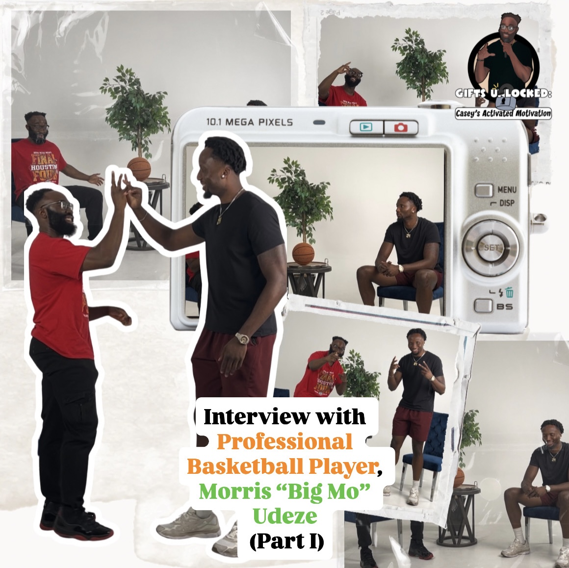 People in a photo shoot with a camera, two men high-fiving, and a person sitting on a chair, with plants in the background.