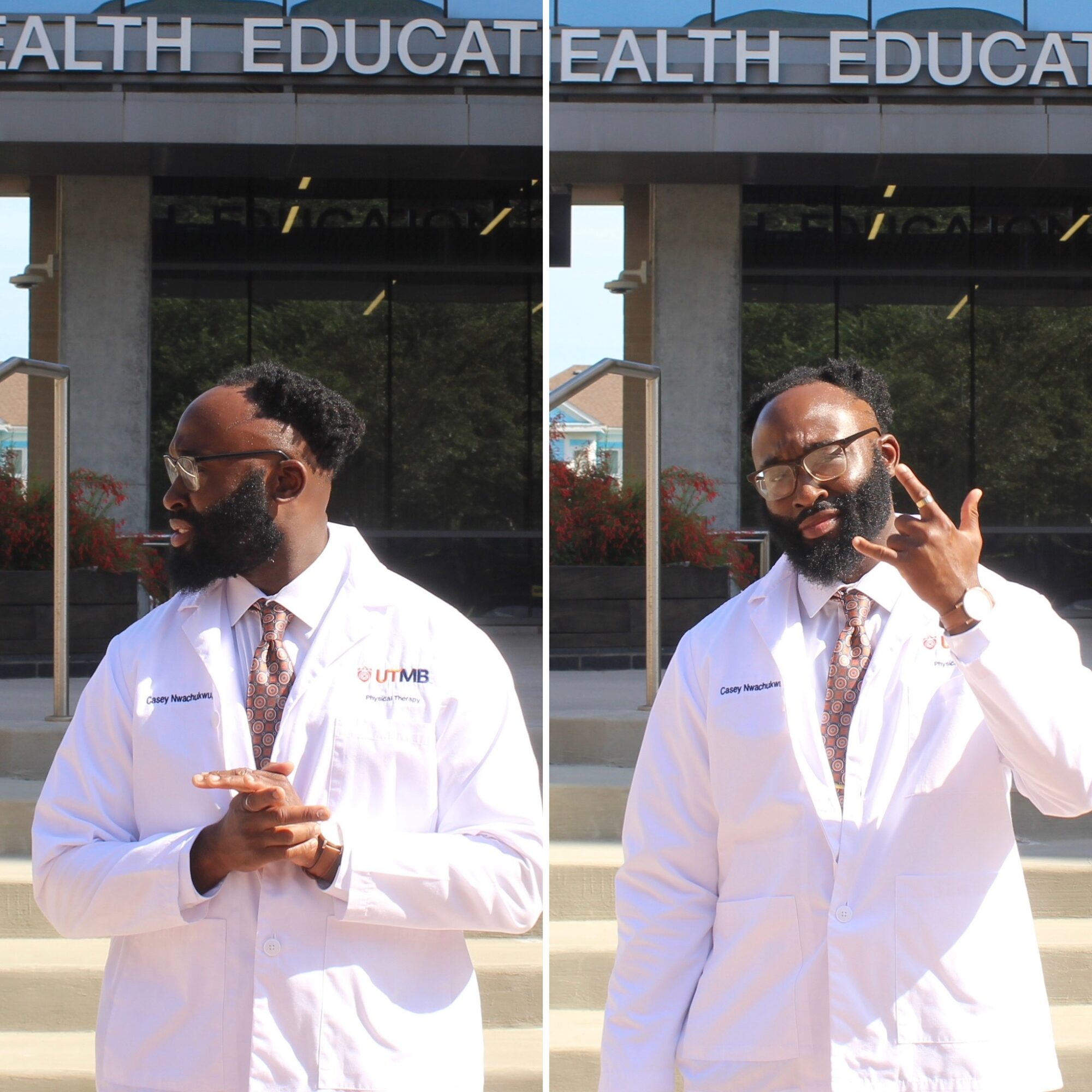 Man in white lab coat with glasses and beard, standing outside, making hand gestures, in front of a building with 'HEALTH EDUCATION' sign.