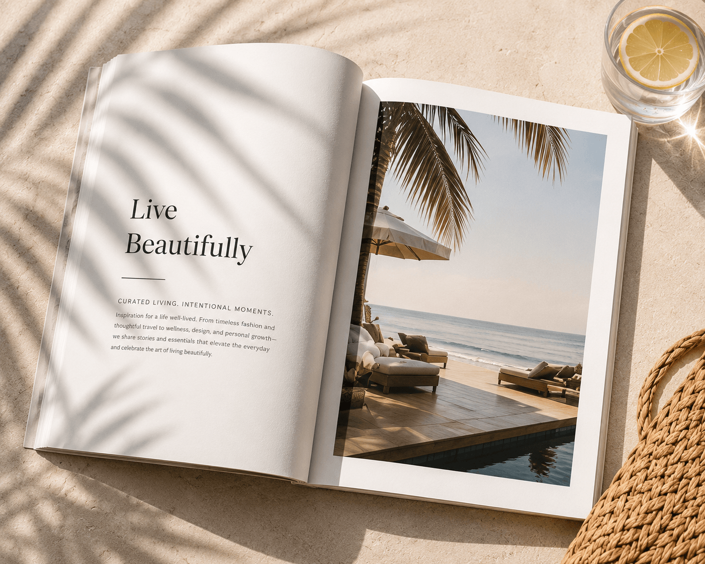 Open magazine showing a beach scene with palm trees, lounge chairs, and the ocean, sunlight casting shadows on the pages.