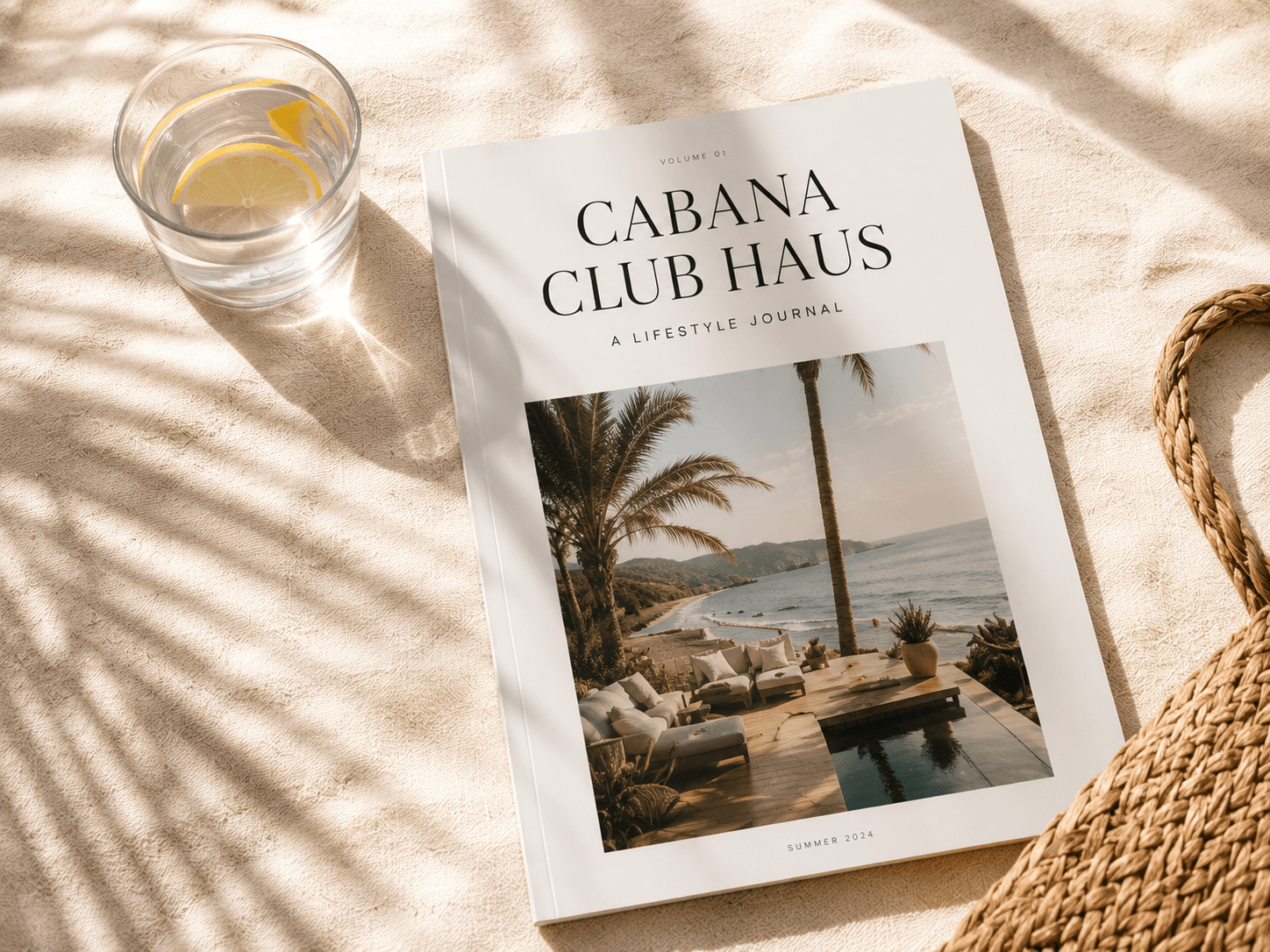 Magazine titled 'Cabana Club Haus' with a cover photo of a poolside scene with palm trees and ocean view, on a beige surface with shadows.