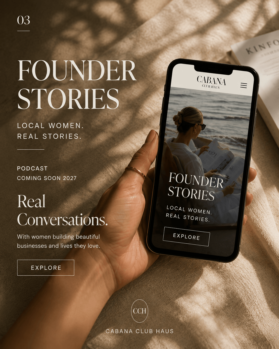 Hand holding a smartphone displaying 'Founder Stories' podcast app with a woman by the water, text about local women and real stories, explore button.
