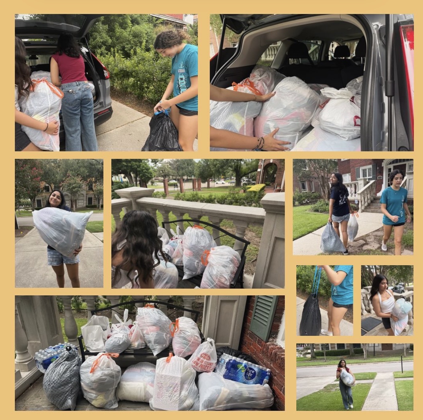 People loading and unloading bags of supplies from cars and on porch, with children and adults outdoors and in home.