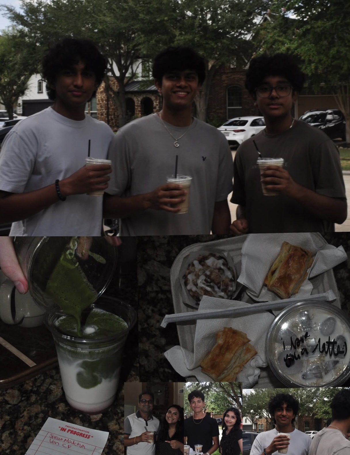 Three young men holding drinks outdoors, with food and drinks on a table, trees, and parked cars in the background.