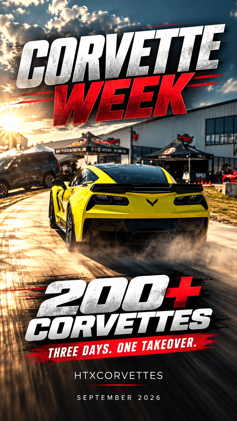 Yellow sports car on a dirt track with a building and cars in background, sunset sky, promotional text for Corvette Week.