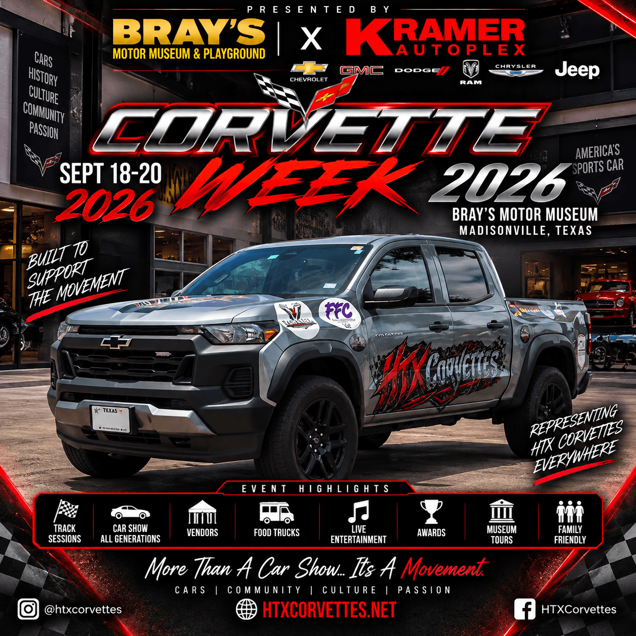 Black Chevrolet truck with Corvette logo and event details for Corvette Week 2026 in Texas, featuring sponsor logos and event highlights.