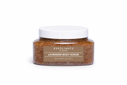 Jar of lavender body scrub with white lid and beige label, set against a white background.