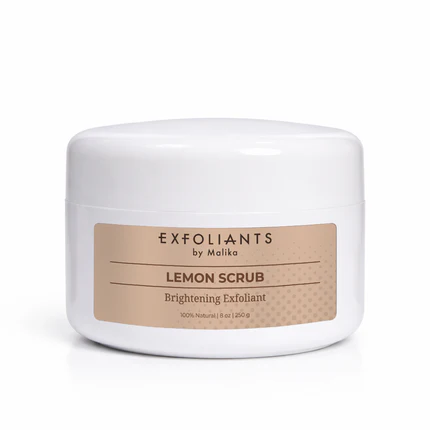 White jar with beige label reading 'Exfoliants by Meliko Lemon Scrub Brightening Exfoliant'.
