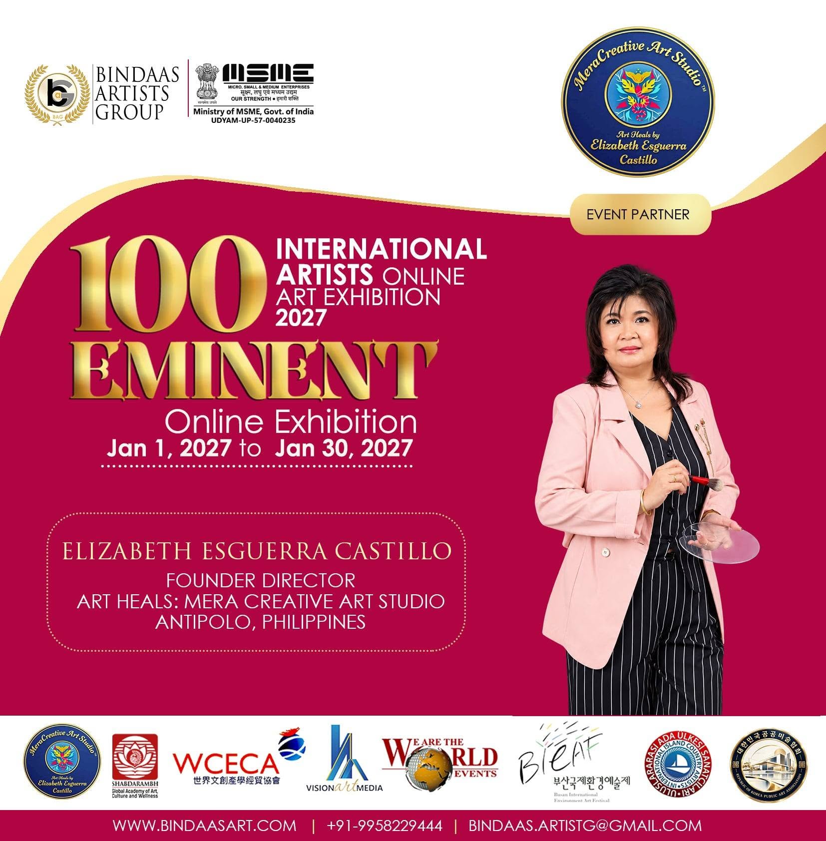Woman in pink blazer and striped pants standing with a microphone, promotional banner for online art exhibition, January 2027.