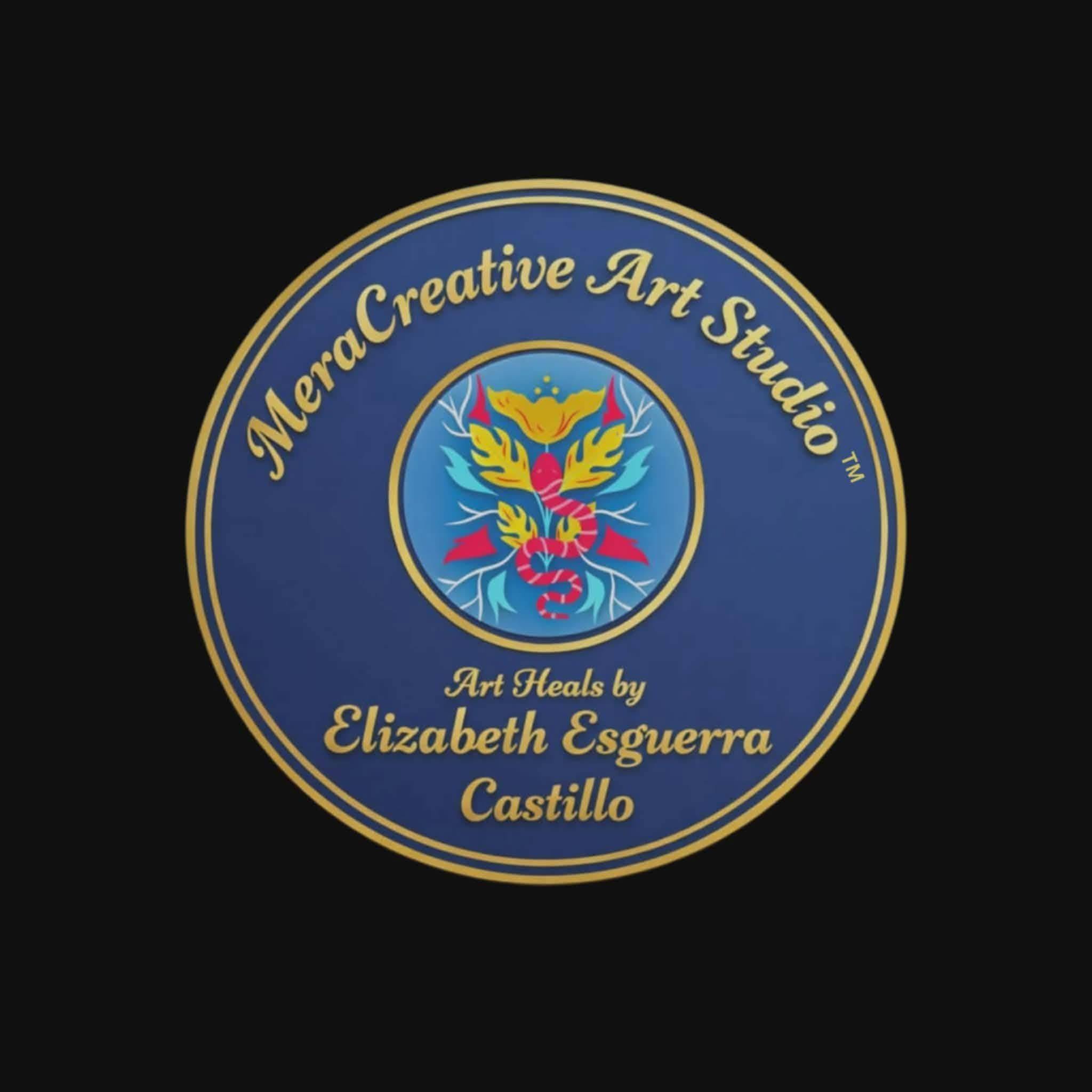 Logo with a dragon illustration, text 'Mera Creative Art Studio,' and a name, on a dark background.