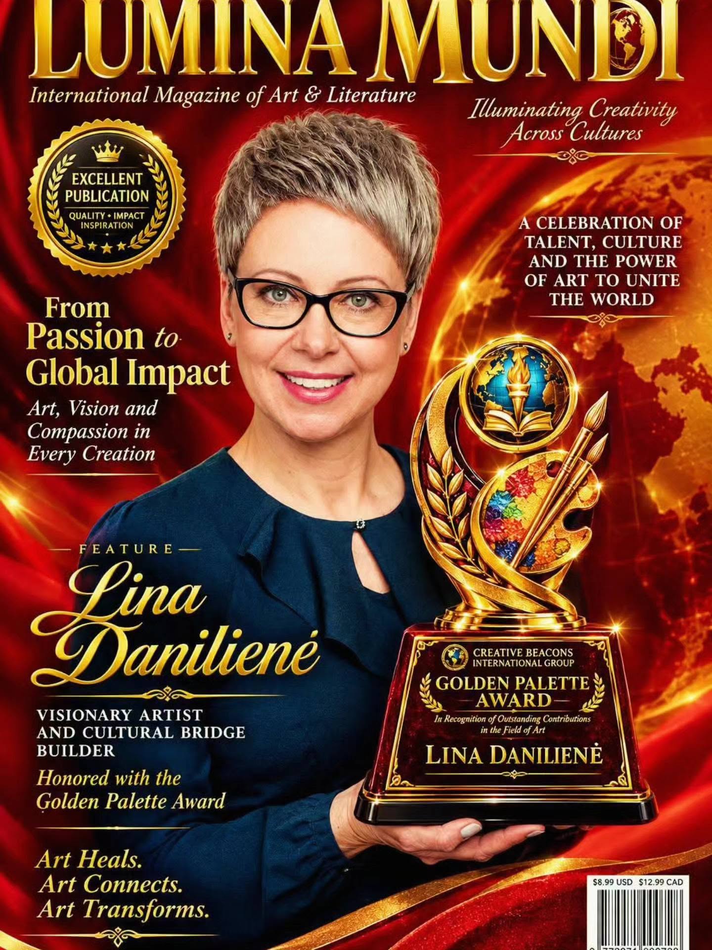 Magazine cover featuring a woman with short hair and glasses holding an award trophy, with text about art and literature.