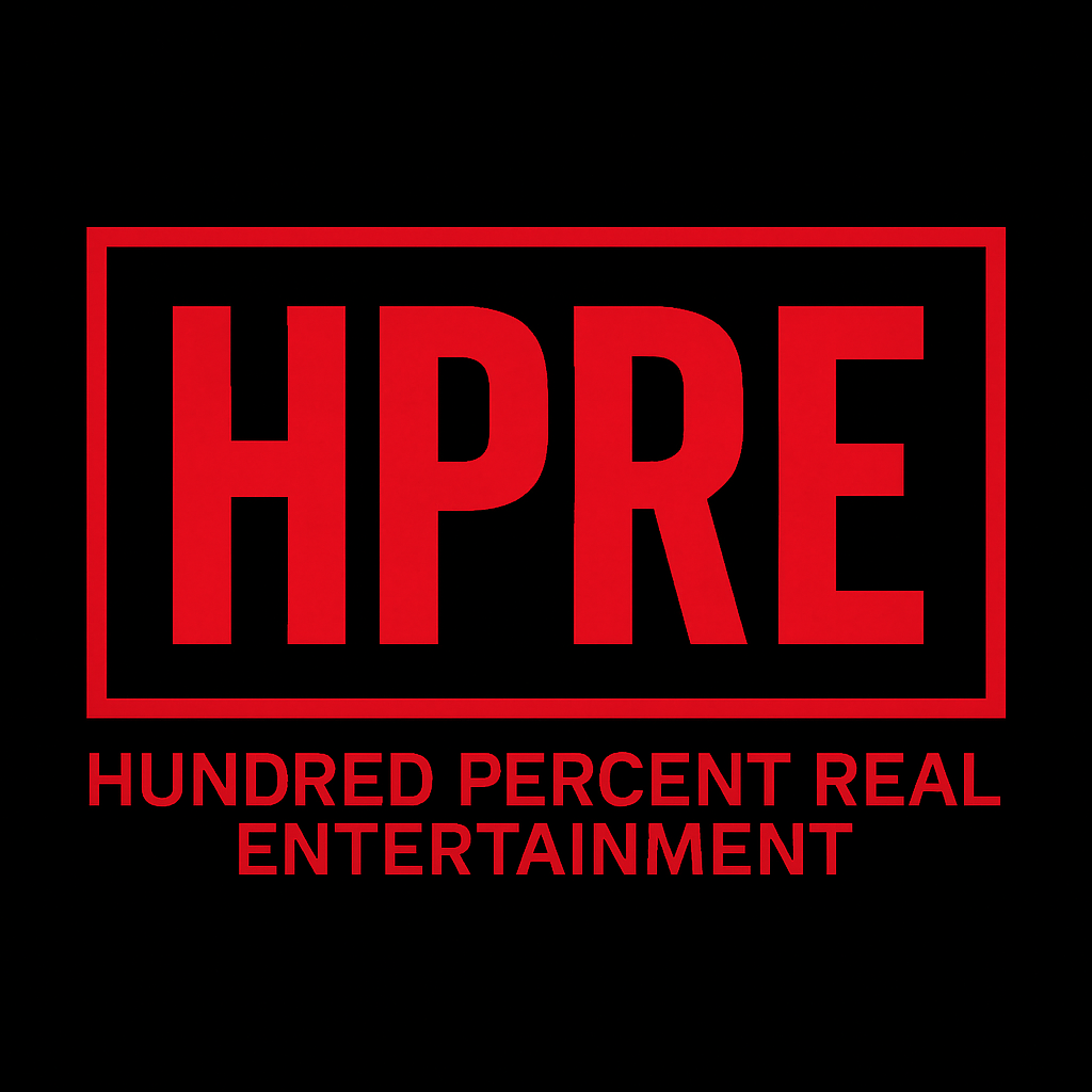 Red text reads 'HPRE' with a red border, and below it says 'HUNDRED PERCENT REAL ENTERTAINMENT' on a black background.