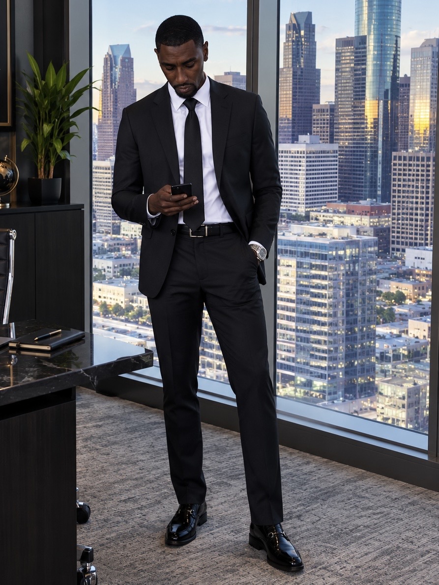 Man in suit looking at phone in office with city skyline view behind him.