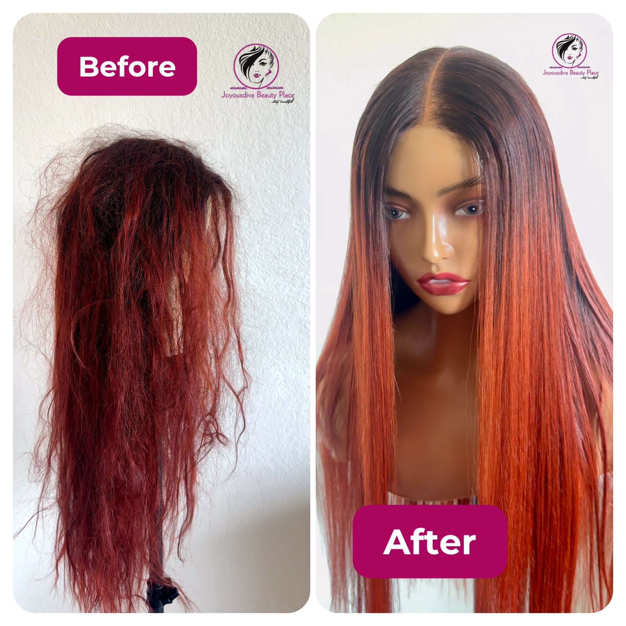Side-by-side comparison of hair before and after treatment, showing frizzy hair on the left and smooth, straight hair on the right.