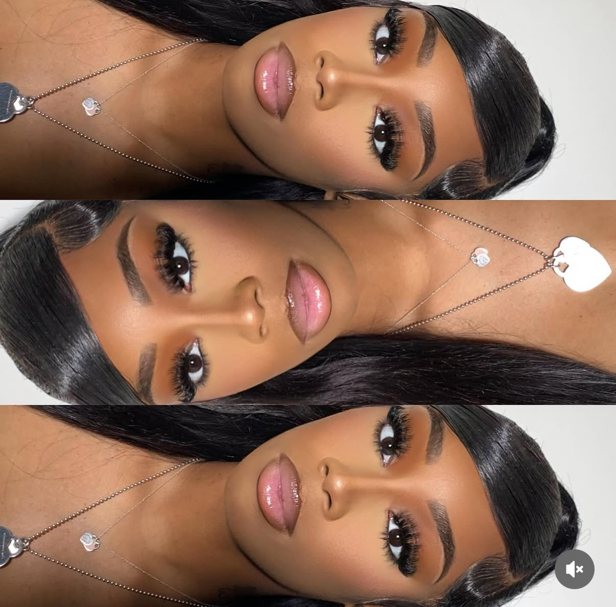 Three identical close-up images of a woman with dark hair, makeup, and a necklace, rotated for upright viewing.