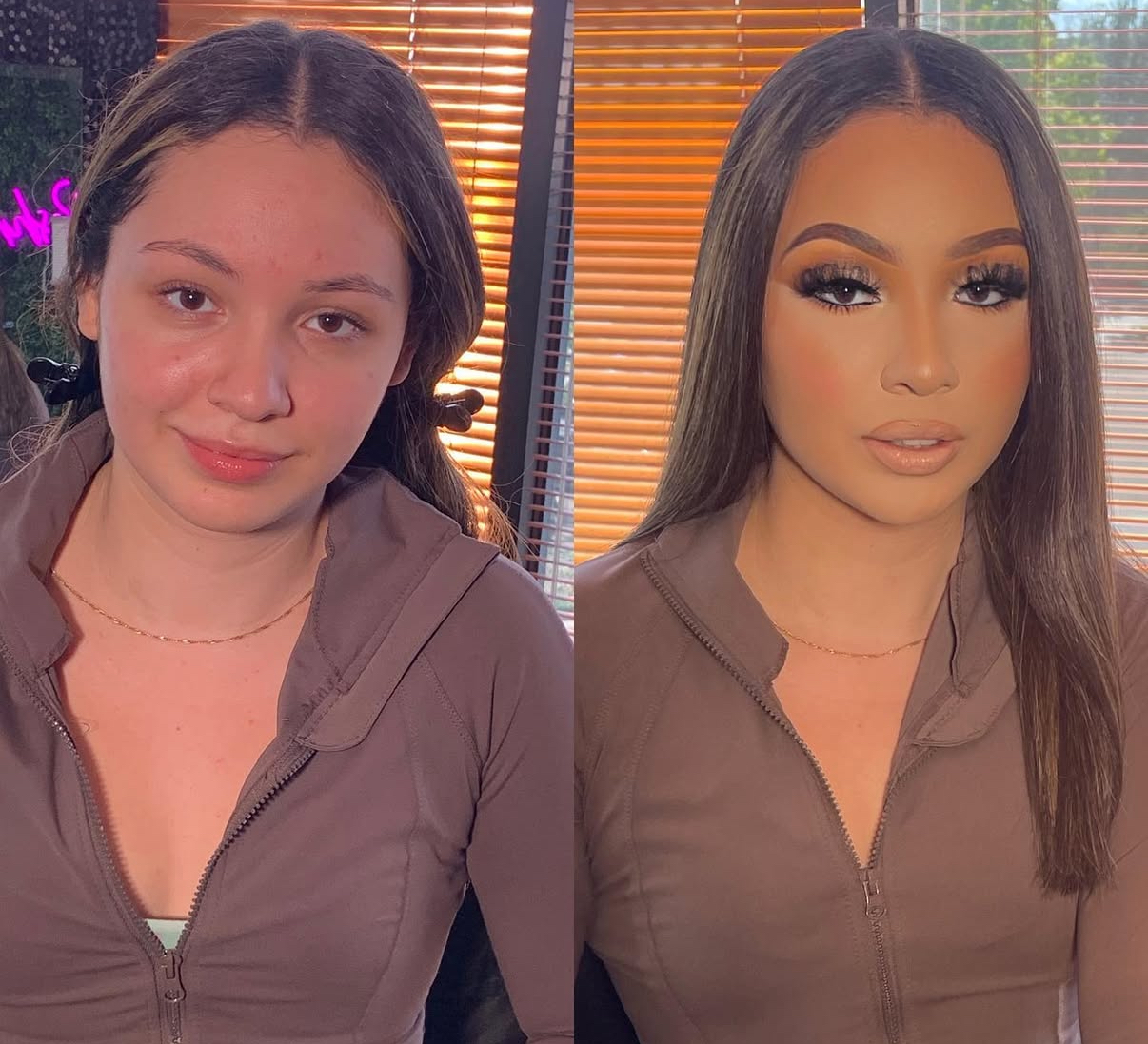 Side-by-side comparison of a woman before and after makeup application, with blinds and window in background.